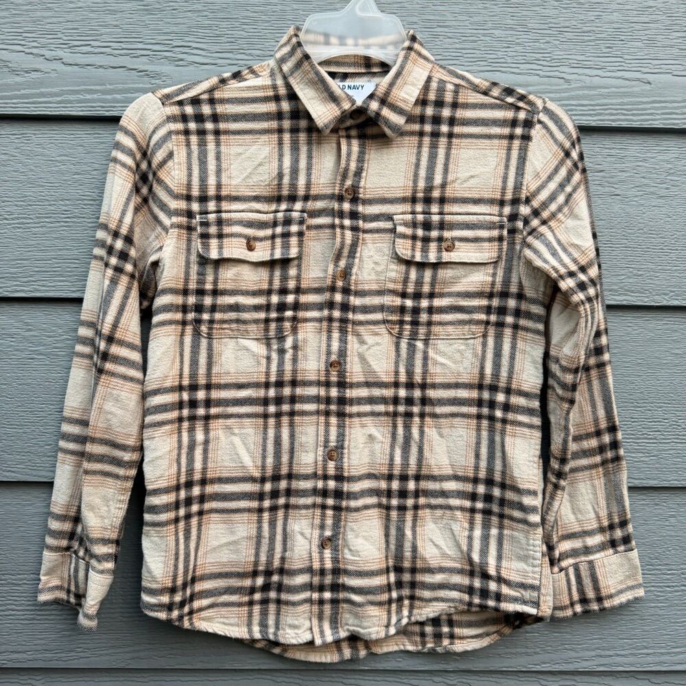 Old Navy XL(14-16) Plaid Flannel Shirt Boys Brown Cotton Button Up Long Sleeve